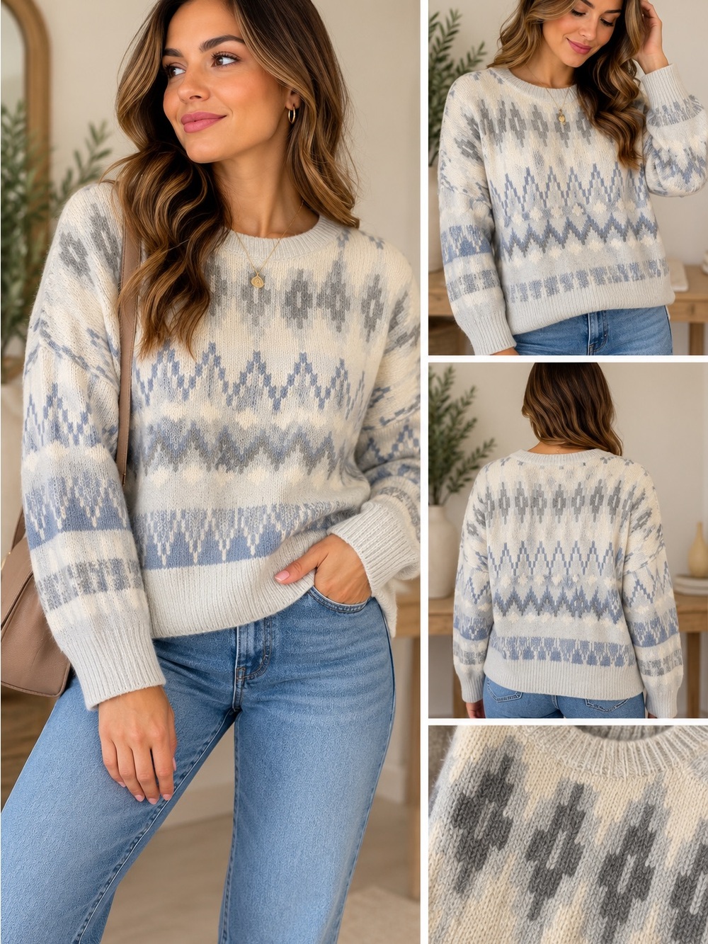 Frye Cream & Light Blue Fair Isle Crewneck Sweater